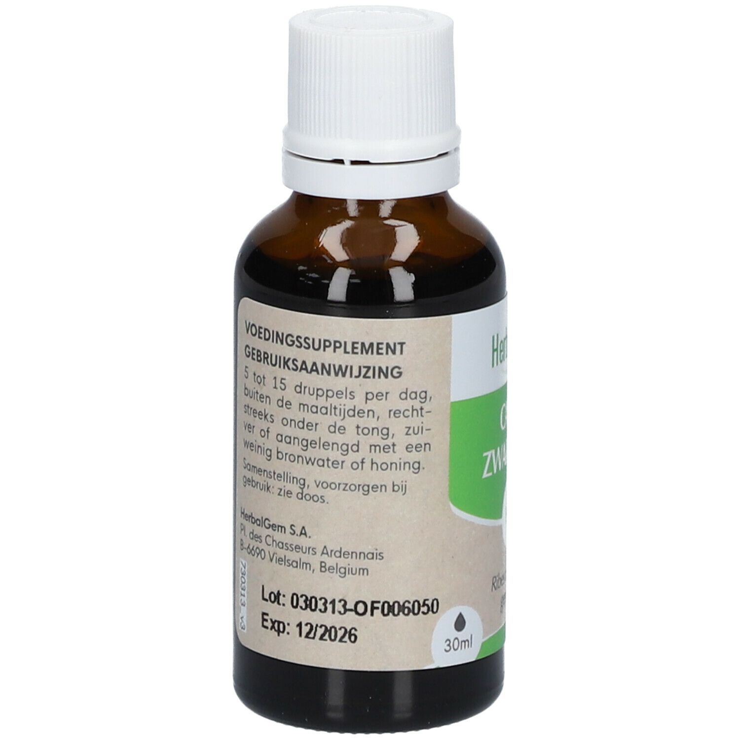 Dos de la bouteille. Étiquette avec instructions de dosage et informations fabricant. Exp. 12/2026.