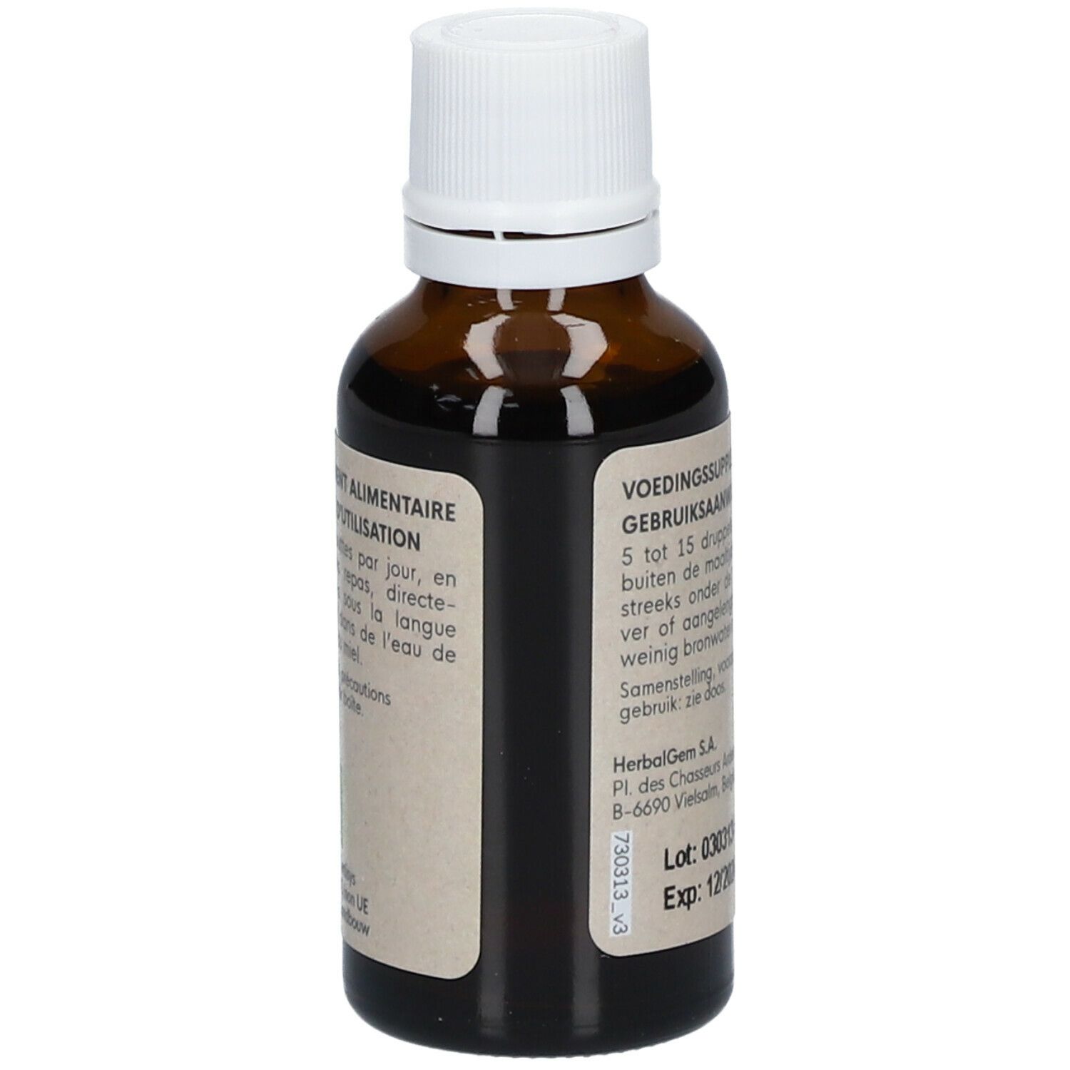 Dos de la bouteille. Étiquette avec instructions de dosage et informations fabricant.