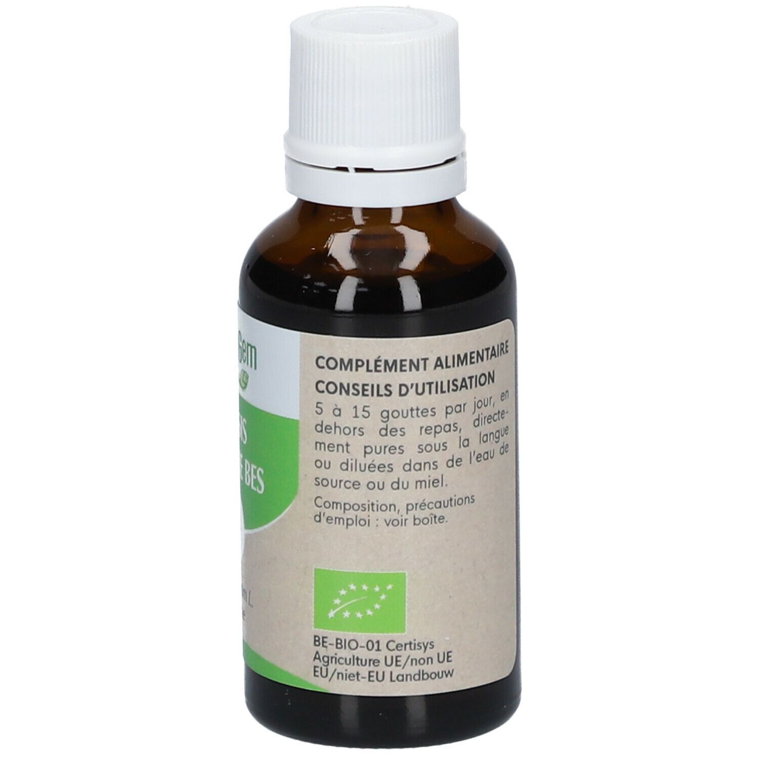 Dos de la bouteille. Étiquette avec instructions de dosage et label bio.