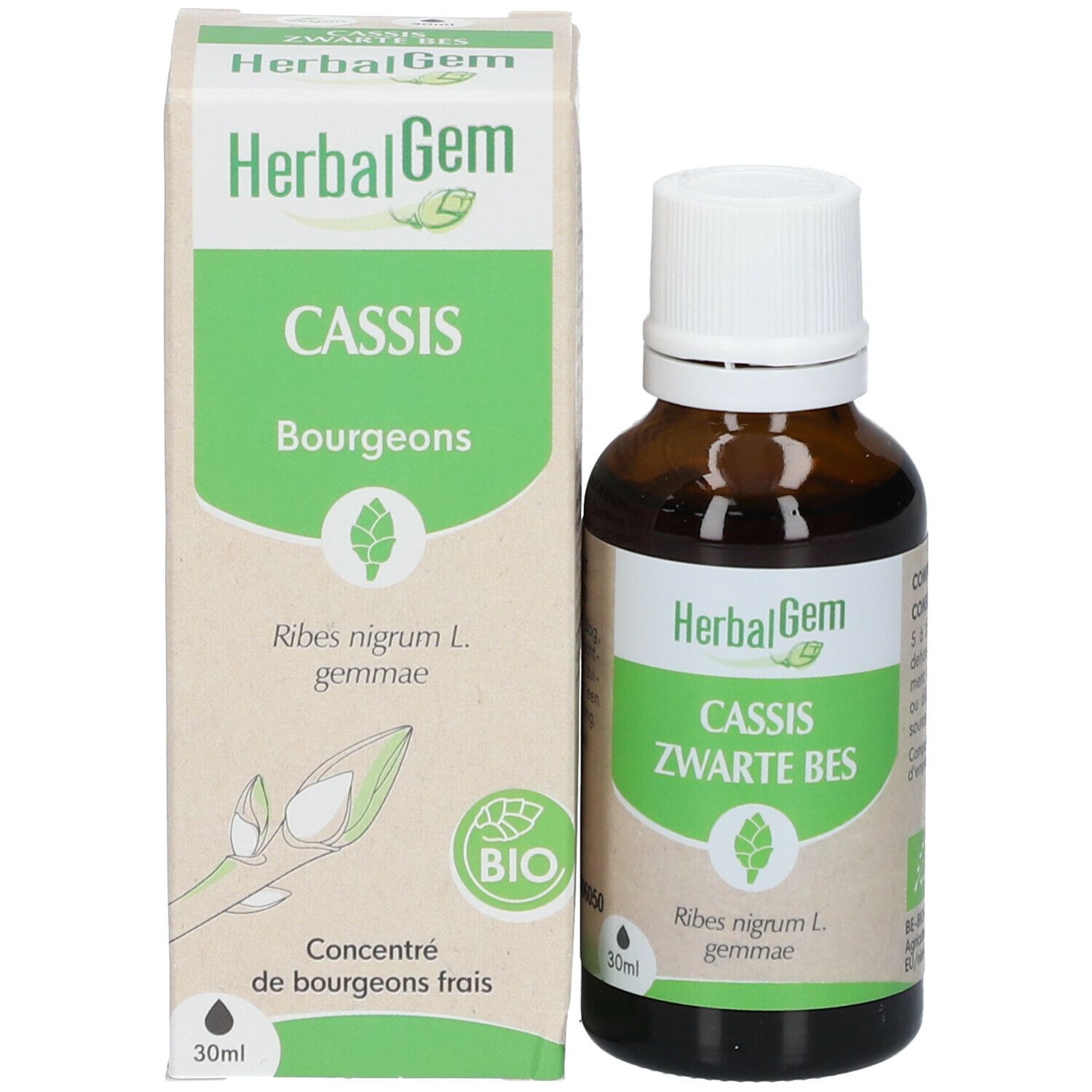 Flacon en verre brun et boîte. Sur la boîte, "HerbalGem" et "Cassis Bourgeons". Label bio.