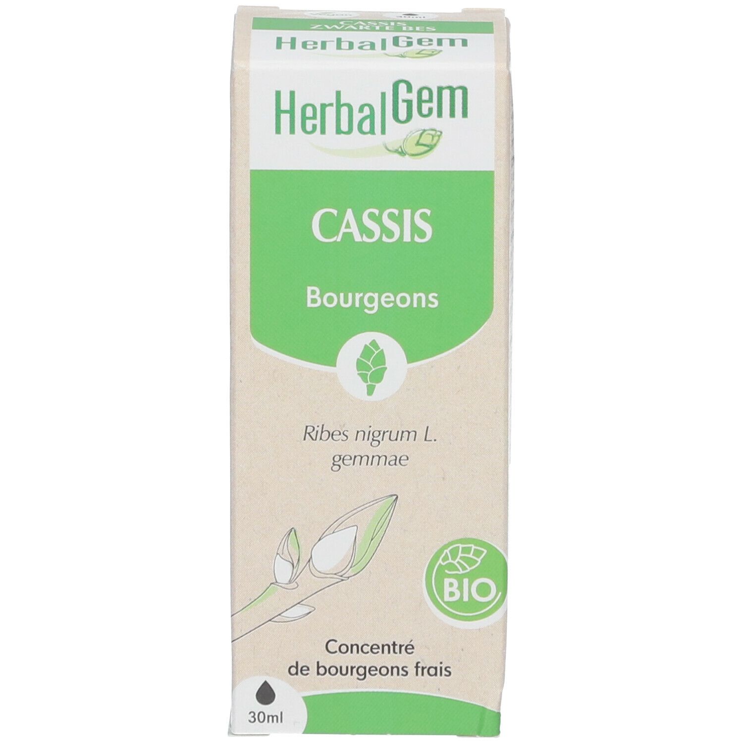 Boîte avec "HerbalGem" et "Cassis Bourgeons". Label bio. Impression : Concentré de bourgeons frais.