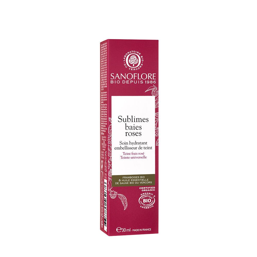 Boîte avec texte. Sanoflore, Sublimes baies roses. Certification bio. E 30ml.