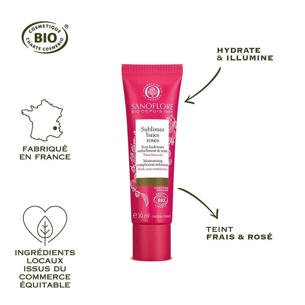 Produit et symboles. Sanoflore, Sublimes baies roses. Certification bio. Fabriqué en France.