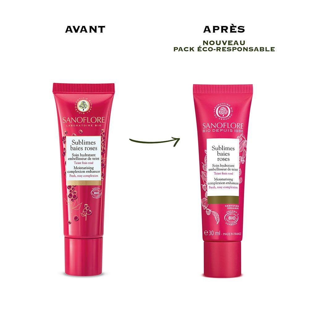 Comparaison avant-après. Sanoflore, Sublimes baies roses. Certification bio.
