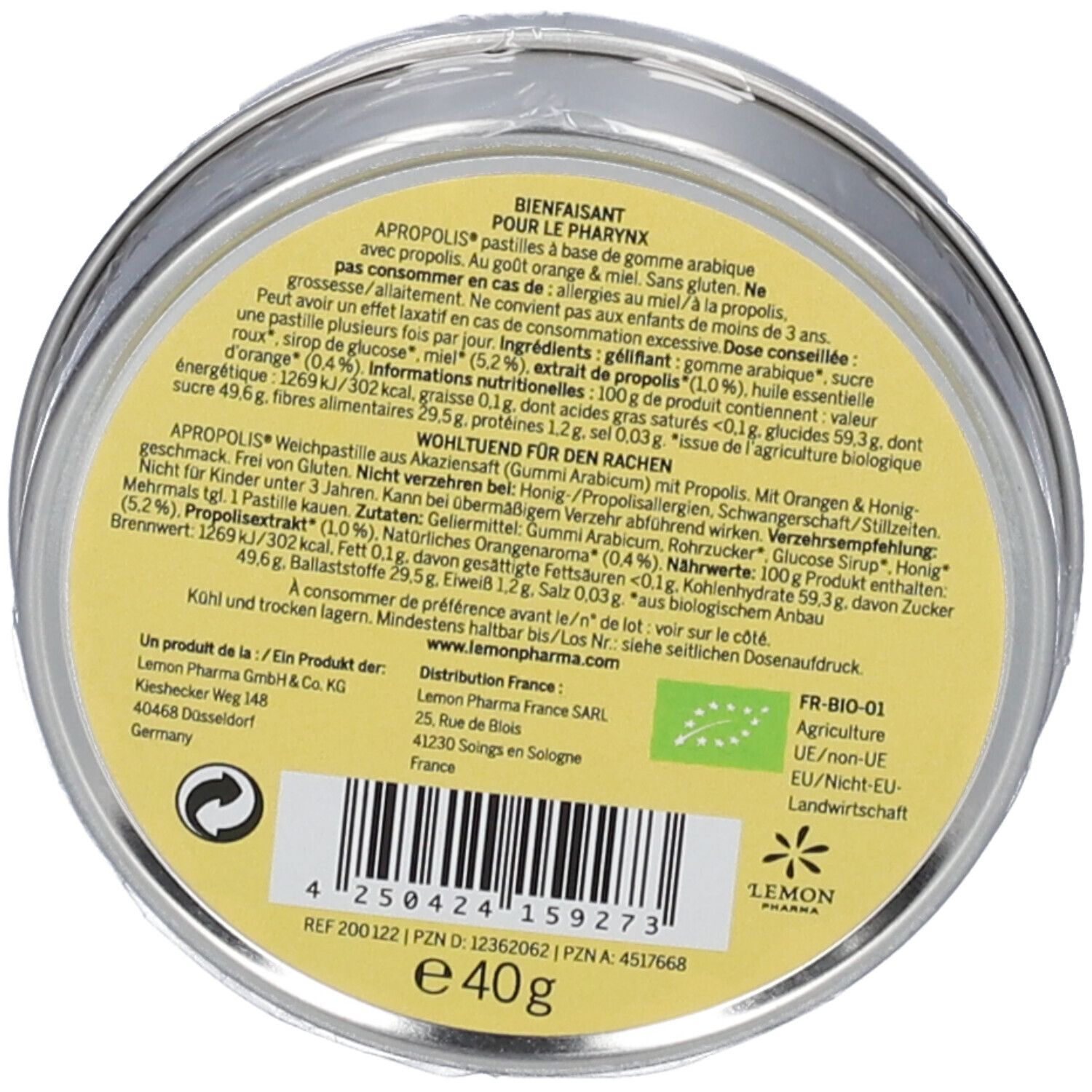 Rückseite der Dose mit Text. Zutatenliste, Nährwertangaben, Herstellerinformationen und Bio-Siegel. Inhalt: 40g.