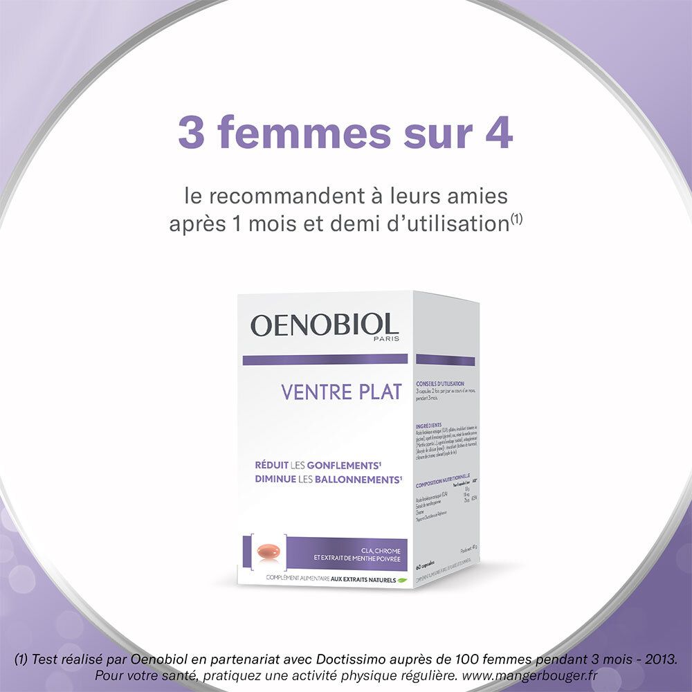 OENOBIOL Ventre Plat Packung. Text: 3 von 4 Frauen empfehlen es ihren Freunden.