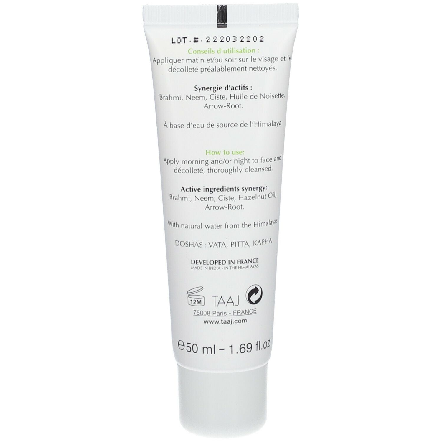 Dos du tube avec texte. Contient ingrédients actifs et conseils d'utilisation. Marque TAAJ, 50 ml.