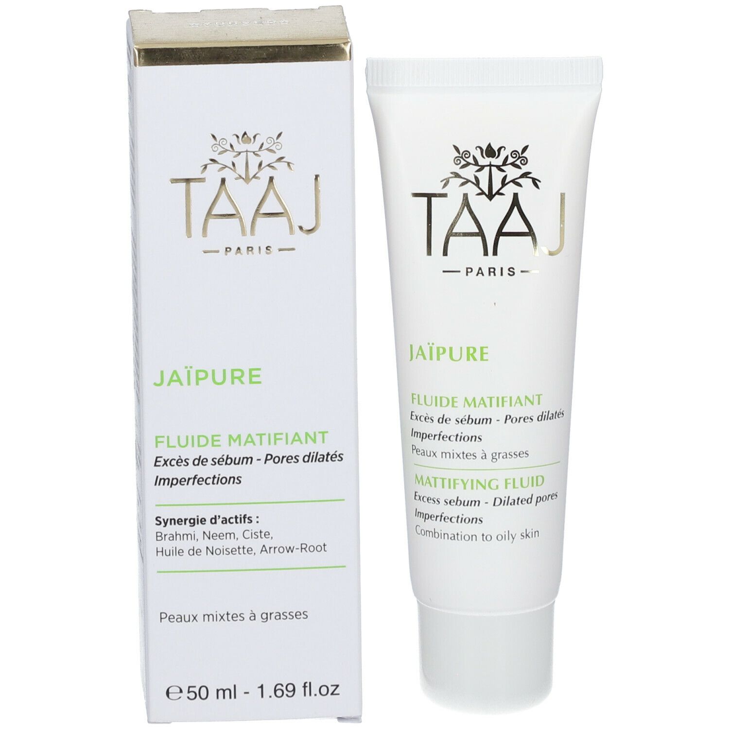 Emballage du produit avec tube et boîte. Les deux affichent le logo TAAJ et le nom Jaïpure. 50 ml.