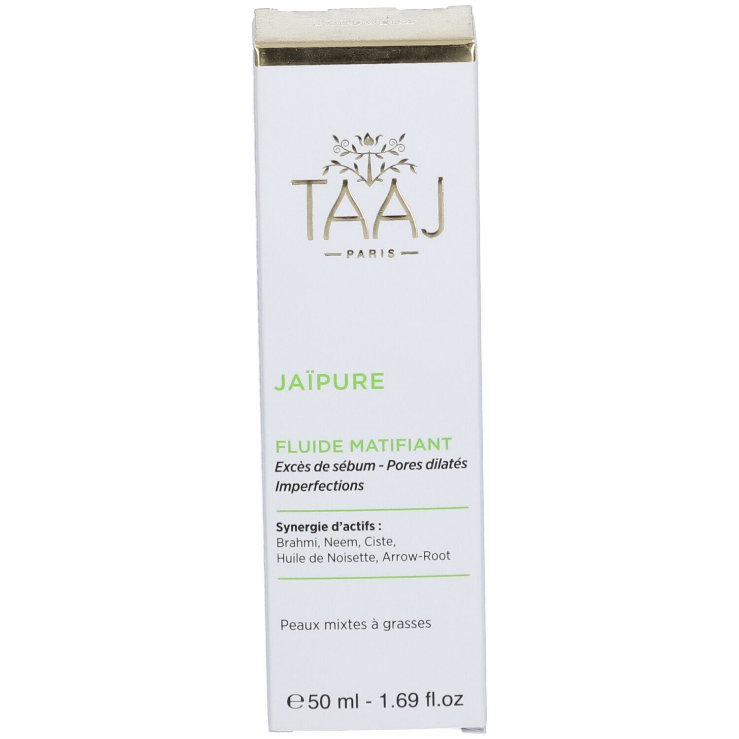 Boîte blanche avec logo TAAJ et nom Jaïpure. Texte : Fluide Matifiant, pour peaux mixtes à grasses.