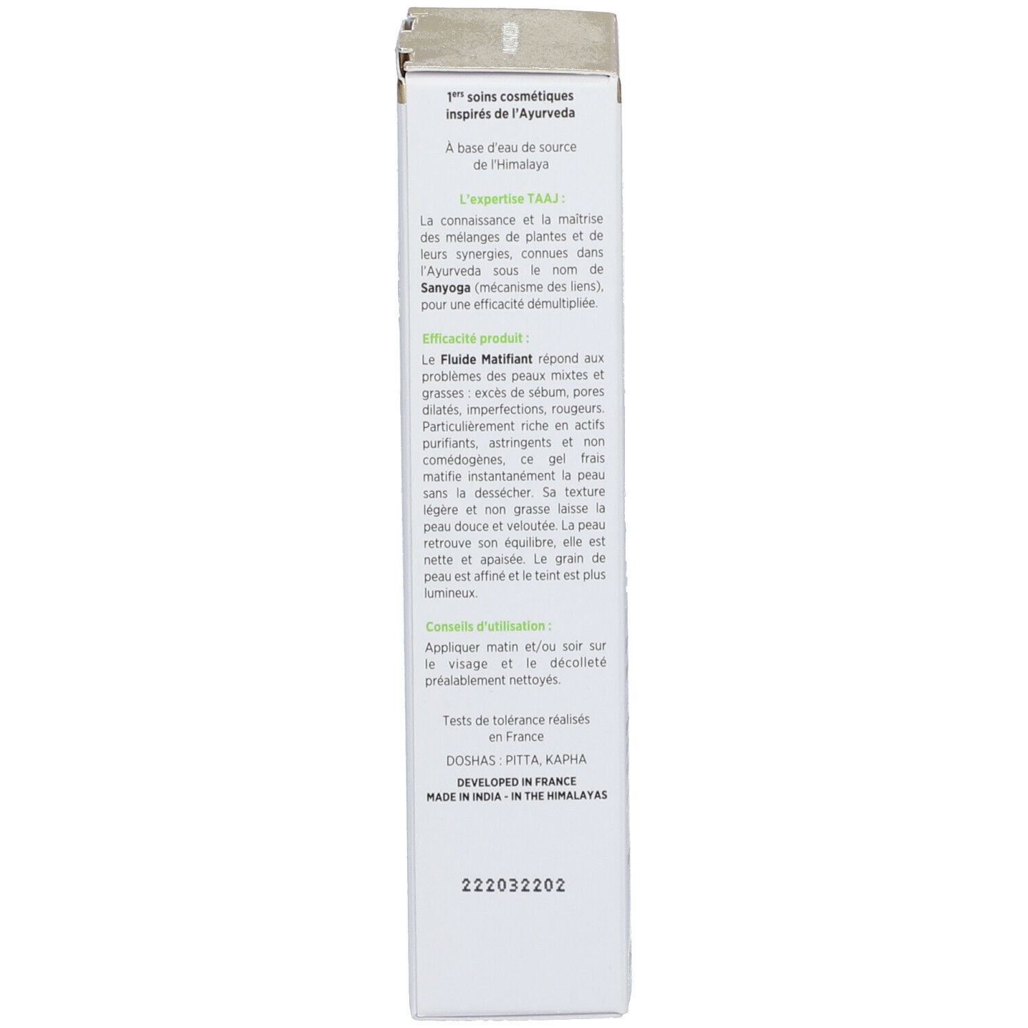 Dos de la boîte avec texte. Contient ingrédients actifs et conseils d'utilisation. Marque TAAJ, 50 ml.