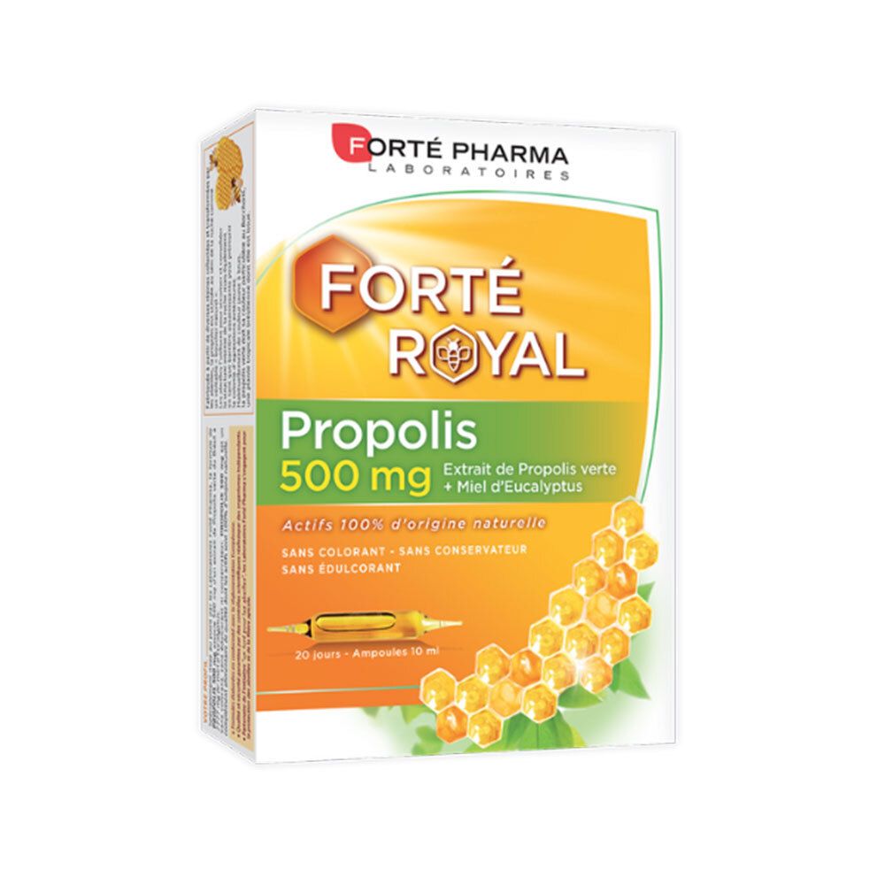 Boîte de Propolis 500 mg. Contient 20 ampoules. Marque: Forté Pharma. Inscription: Propolis, 500 mg, Extrait de Propolis verte + Miel d'Eucalyptus.