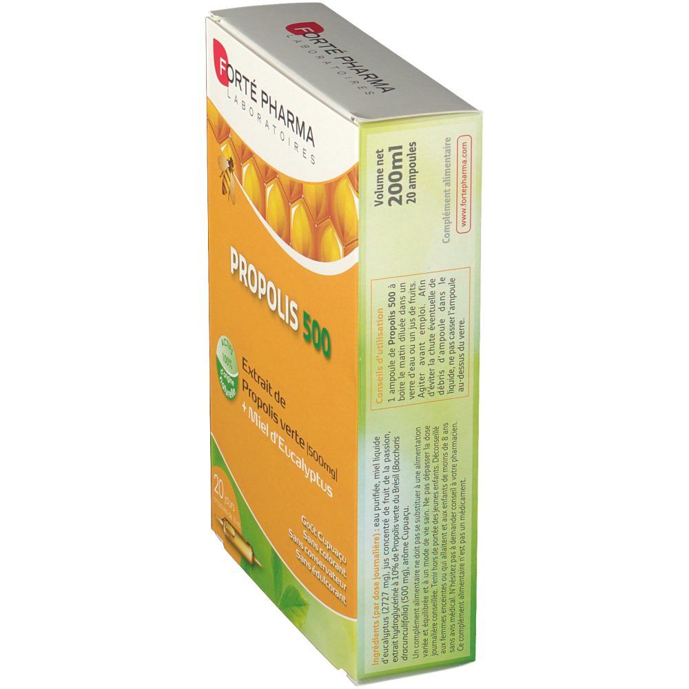 Vue latérale de la boîte de Propolis 500 mg. Contient 20 ampoules. Marque: Forté Pharma. Inscription: Propolis, 500 mg, Extrait de Propolis verte.