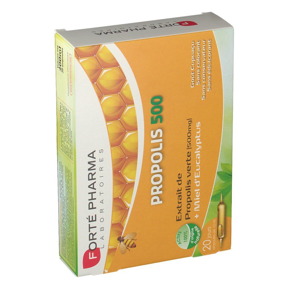 Boîte de Propolis 500 mg. Contient 20 ampoules. Marque: Forté Pharma. Inscription: Propolis, 500 mg, Extrait de Propolis verte + Miel d'Eucalyptus.