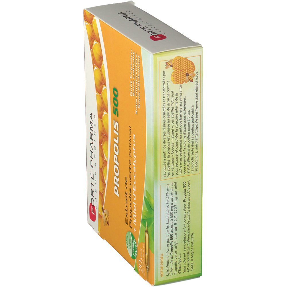 Vue latérale de la boîte de Propolis 500 mg. Contient 20 ampoules. Marque: Forté Pharma. Inscription: Propolis, 500 mg, Extrait de Propolis verte.