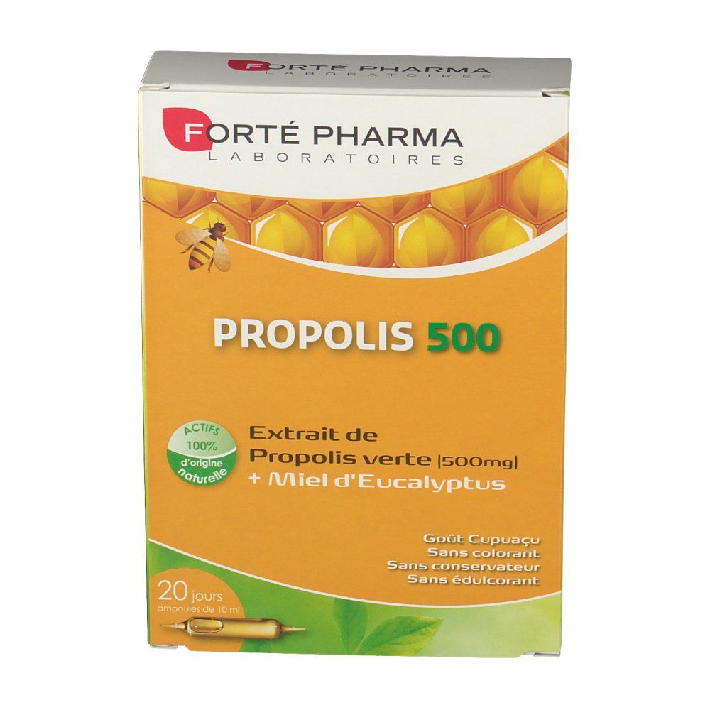 Boîte de Propolis 500 mg. Contient 20 ampoules. Marque: Forté Pharma. Inscription: Propolis 500, Extrait de Propolis verte + Miel d'Eucalyptus.