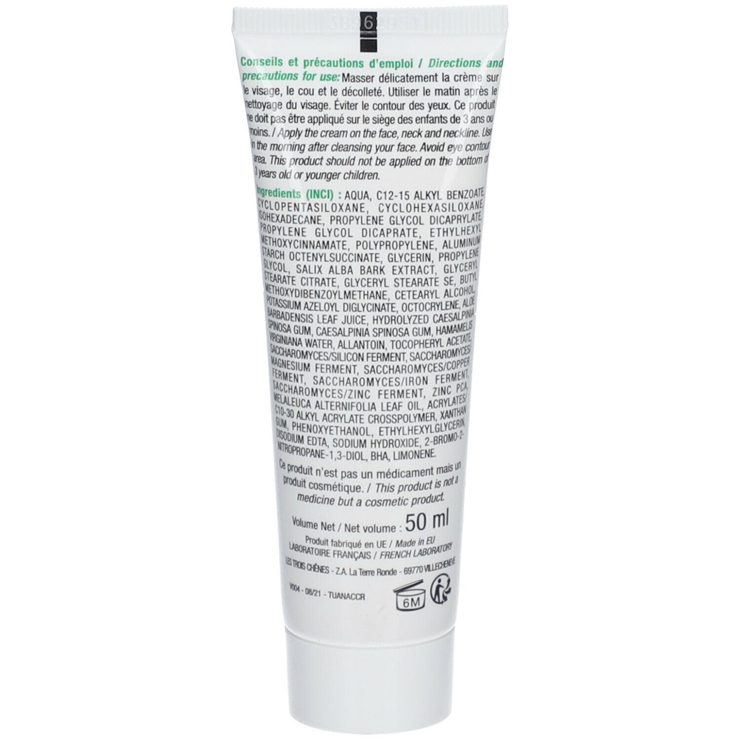 Dos du tube de crème Sebactase®. Contient les ingrédients et les instructions d'utilisation. Volume : 50 ml. Testé dermatologiquement.