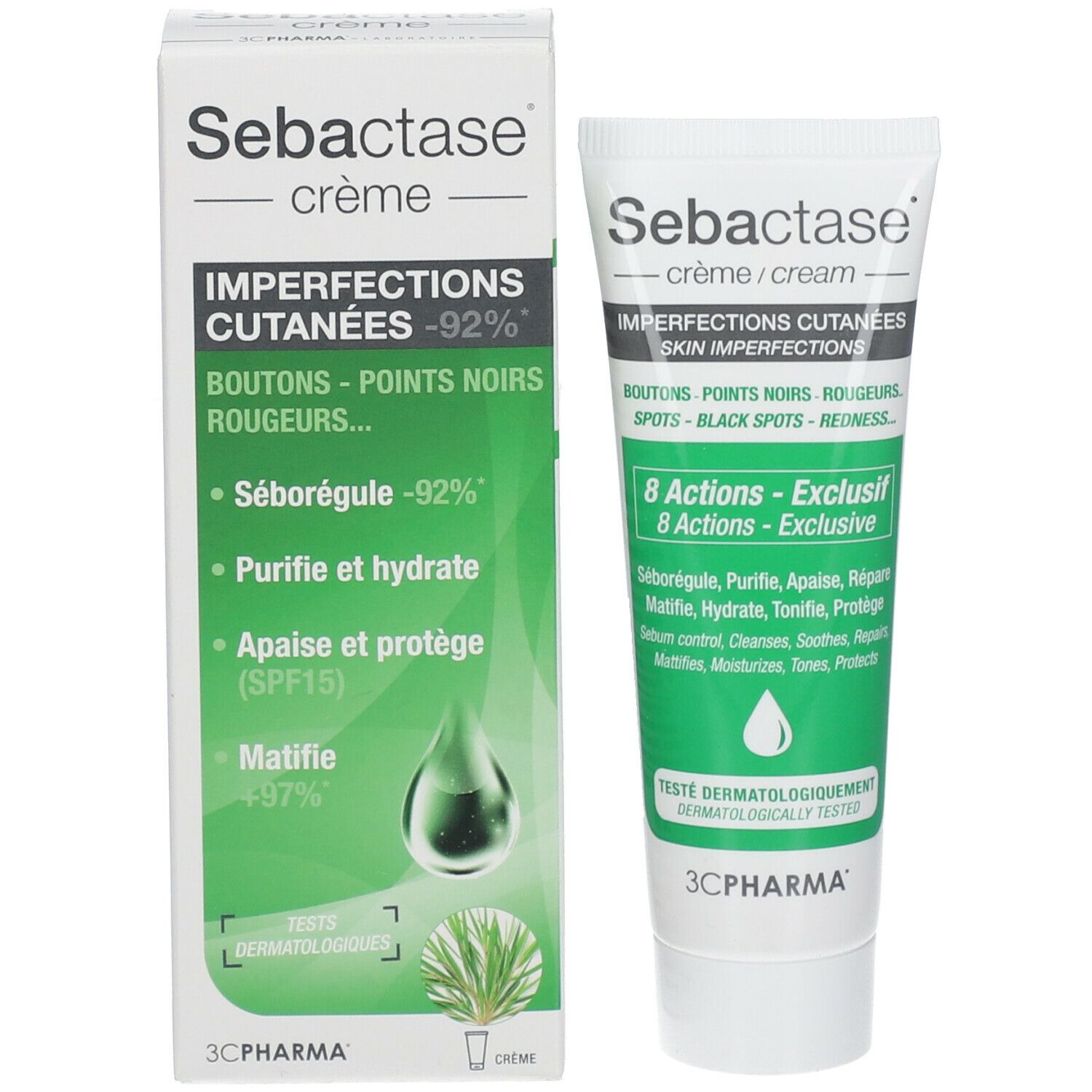 Tube de crème Sebactase® et emballage. Design vert et blanc. Texte : 'IMPERFECTIONS CUTANÉES'. Testé dermatologiquement.