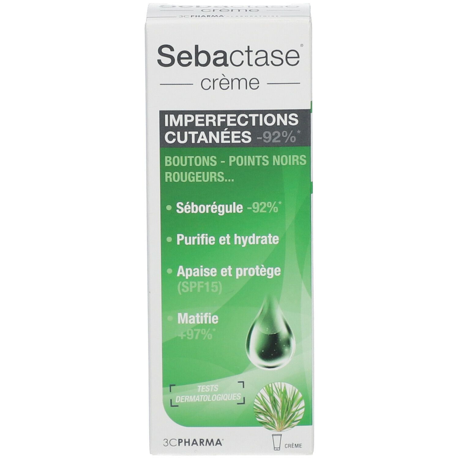 Emballage de crème Sebactase®. Design vert et blanc. Texte : 'IMPERFECTIONS CUTANÉES'. Testé dermatologiquement.