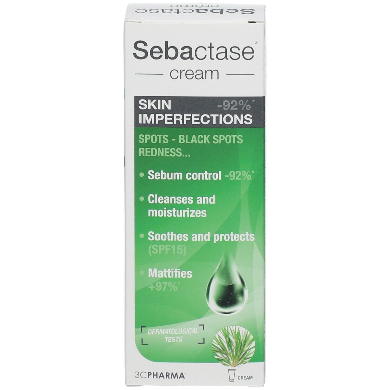 Emballage de crème Sebactase®. Design vert et blanc. Texte : 'SKIN IMPERFECTIONS'. Testé dermatologiquement.