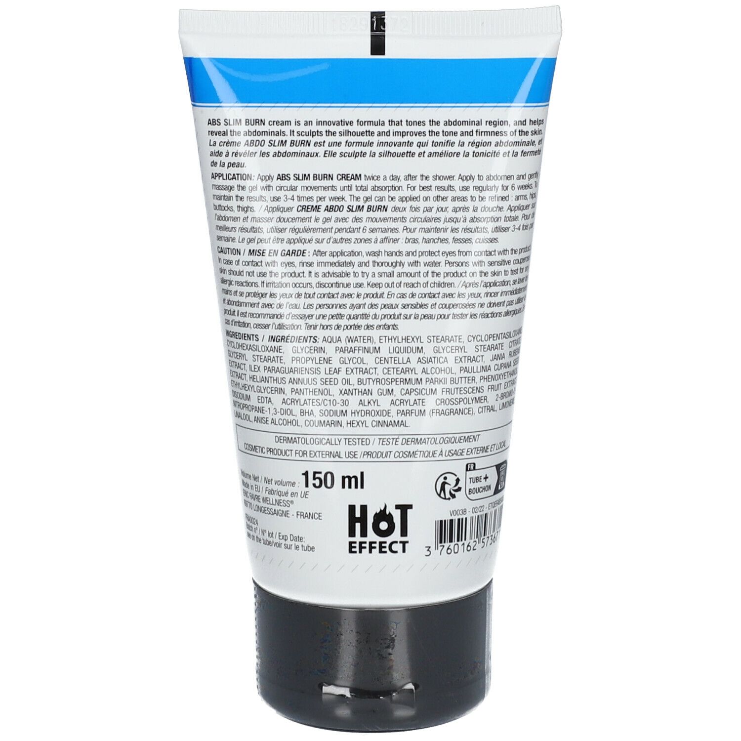 Achterkant van de crèmetube ERIC FAVRE Abdo Slim 6. Tekst en ingrediënten. 150 ml. Logo Hot Effect.