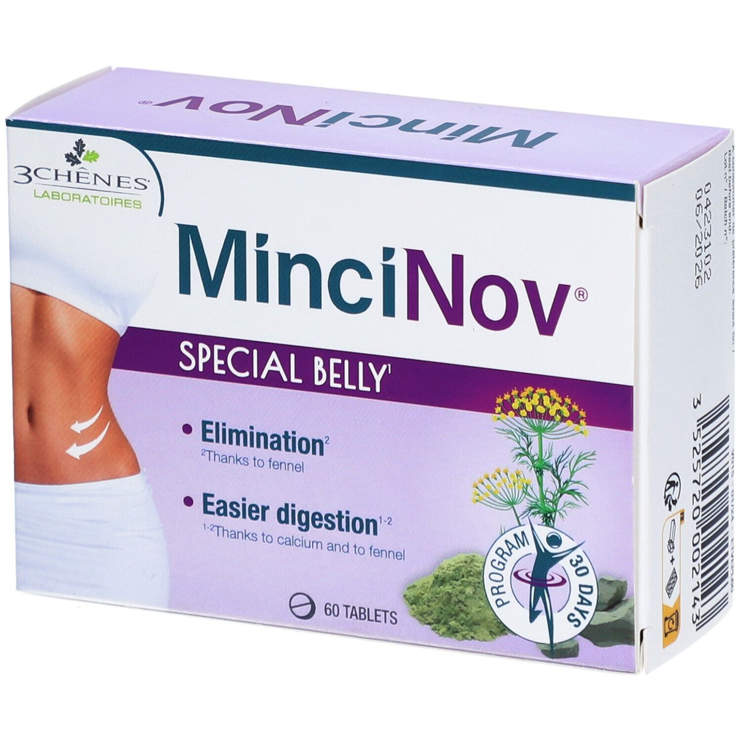 Boîte de Mincinov Spécial Ventre. Inscription: 3 Chênes Laboratoires, Mincinov, Spécial Ventre, 60 comprimés. Illustration d'un ventre.
