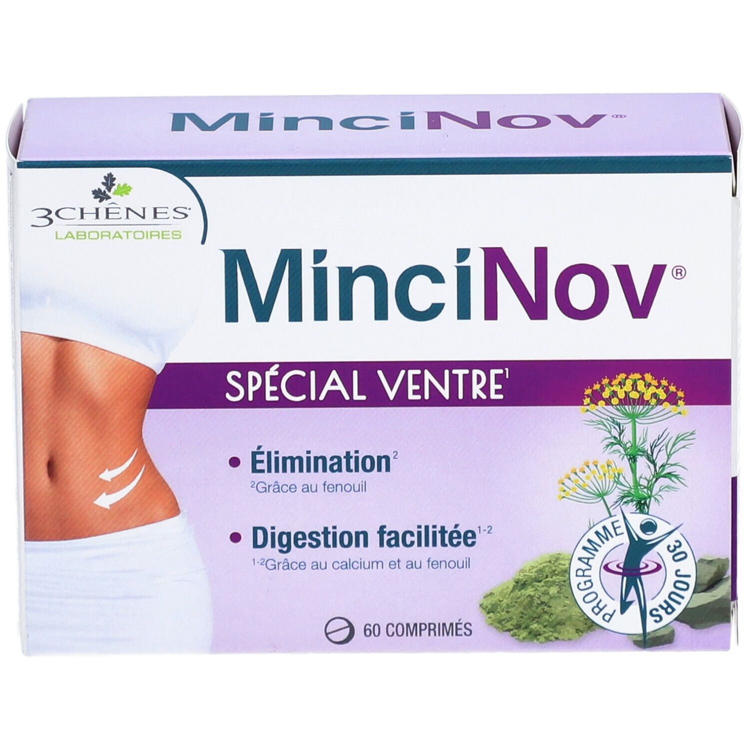 Boîte de Mincinov Spécial Ventre. Inscription: 3 Chênes Laboratoires, Mincinov, Spécial Ventre, 60 comprimés. Illustration d'un ventre.
