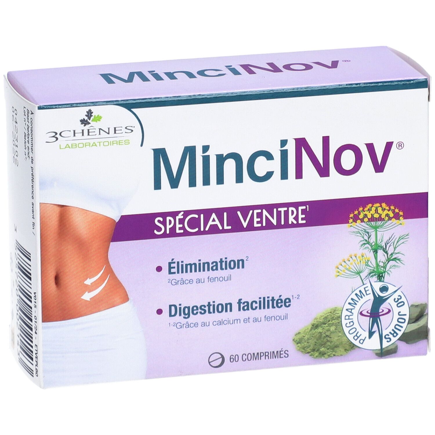 Boîte de Mincinov Spécial Ventre. Inscription: 3 Chênes Laboratoires, Mincinov, Spécial Ventre, 60 comprimés. Illustration d'un ventre.