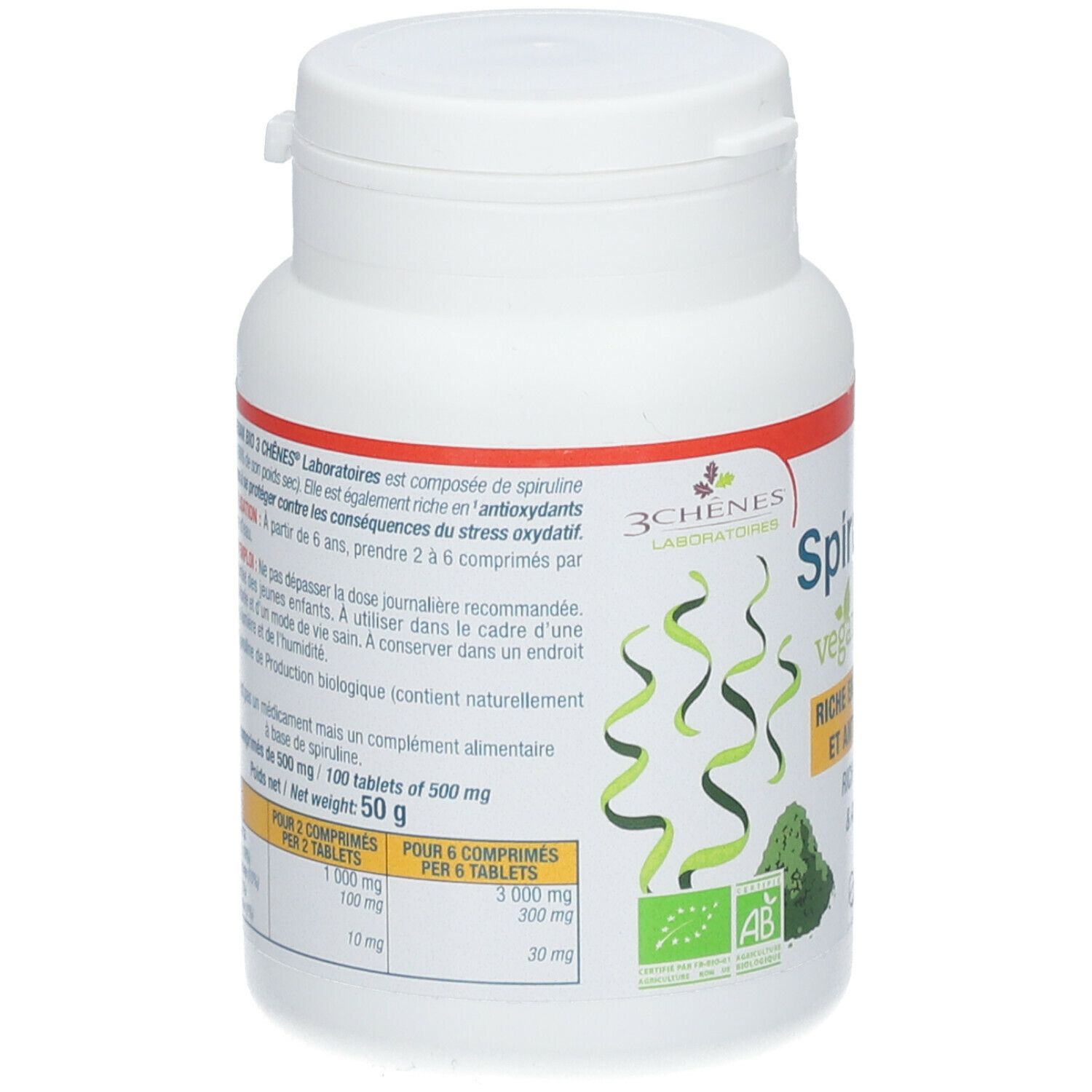 Dos du flacon blanc de Spiruline. Informations sur ingrédients, dosage et valeurs nutritionnelles. Certification bio.