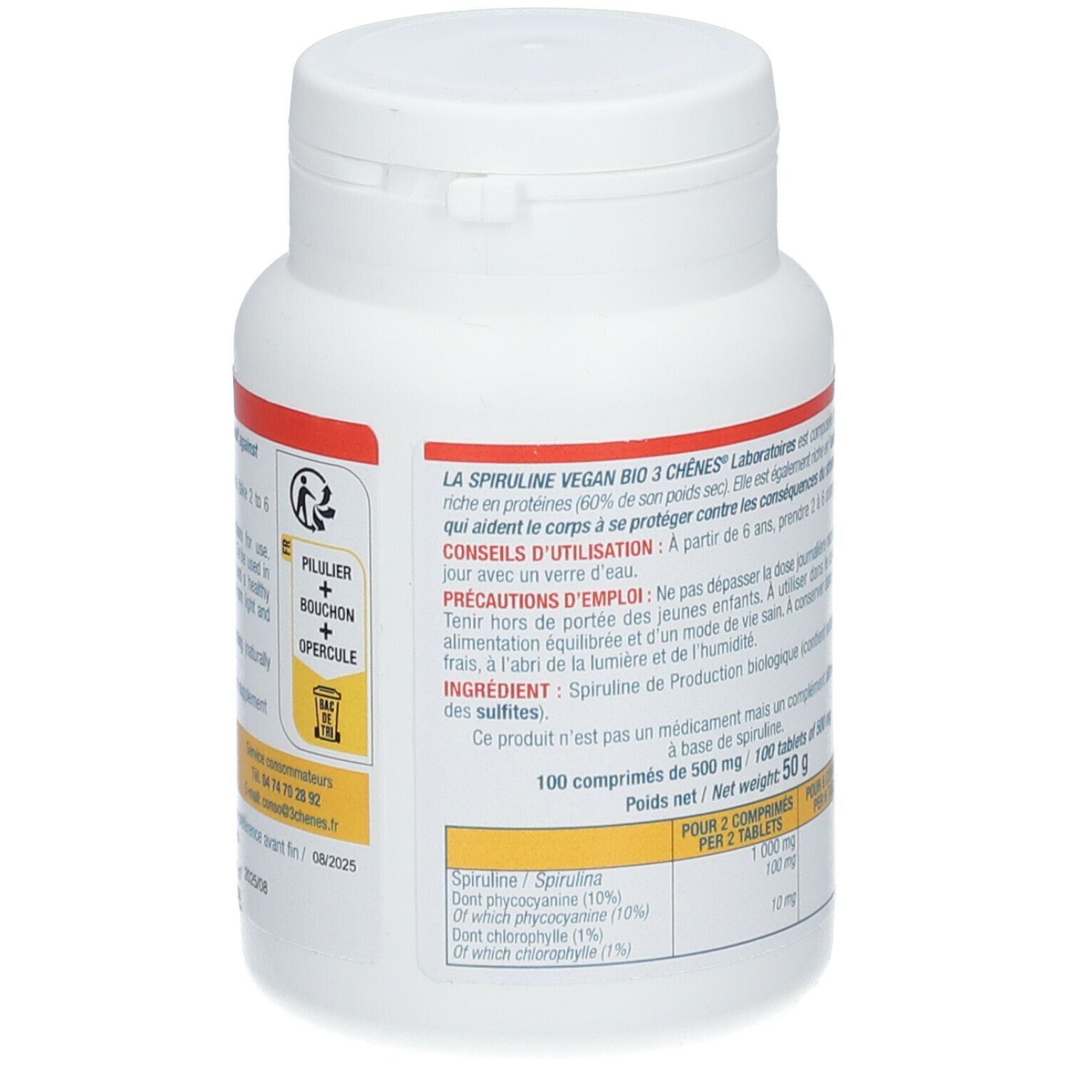 Dos du flacon blanc de Spiruline. Informations sur ingrédients, dosage et valeurs nutritionnelles. Certification bio.