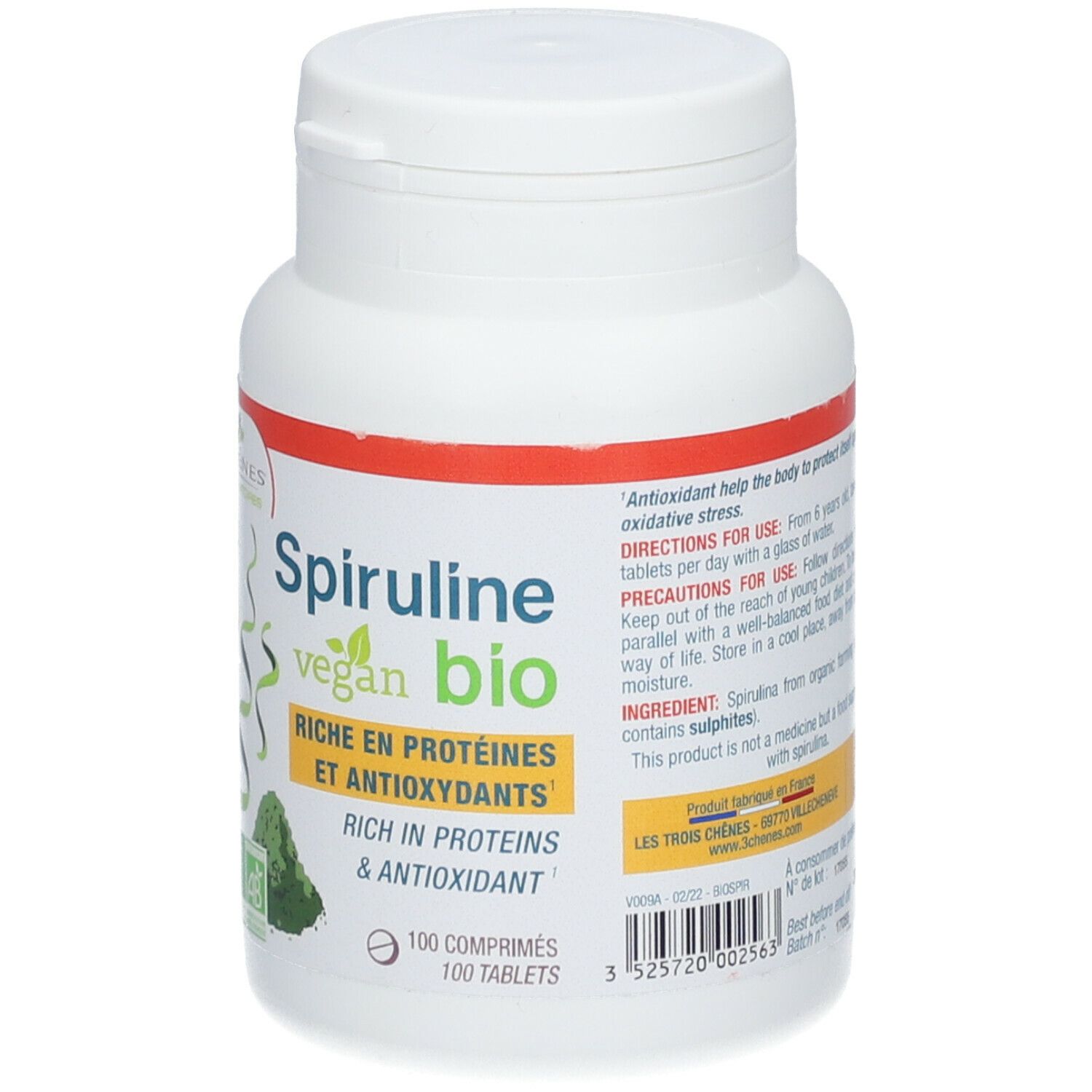 Flacon blanc de Spiruline bio vegan. Inscription: Riche en protéines et antioxydants. Contient 100 comprimés.