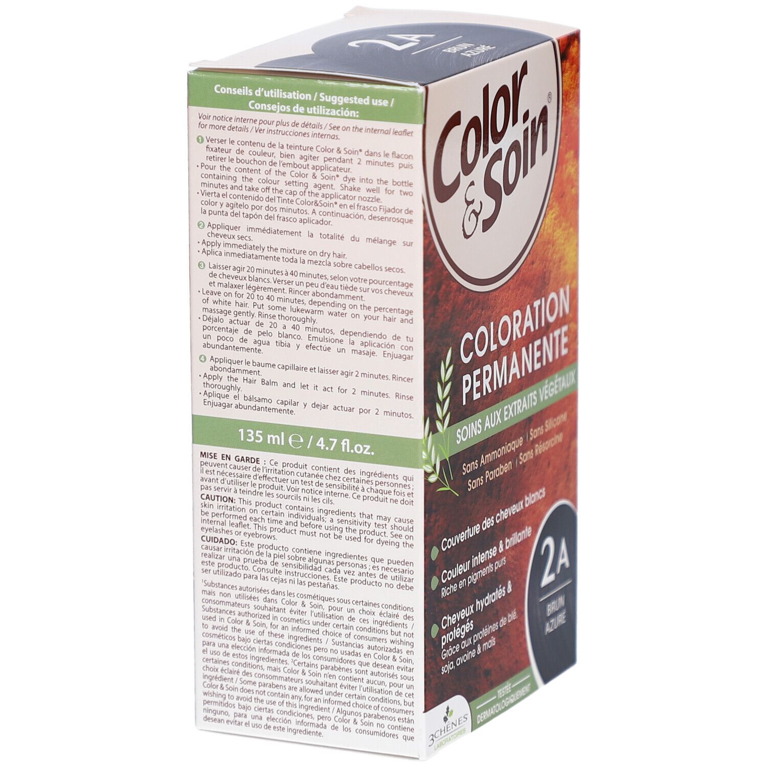 Les 3 Chênes Color & Soin Flasche, 60 ml. Text: 2,2 fl.oz. Aufschrift: Color & Soin. Auf der Flasche sind Symbole abgebildet.