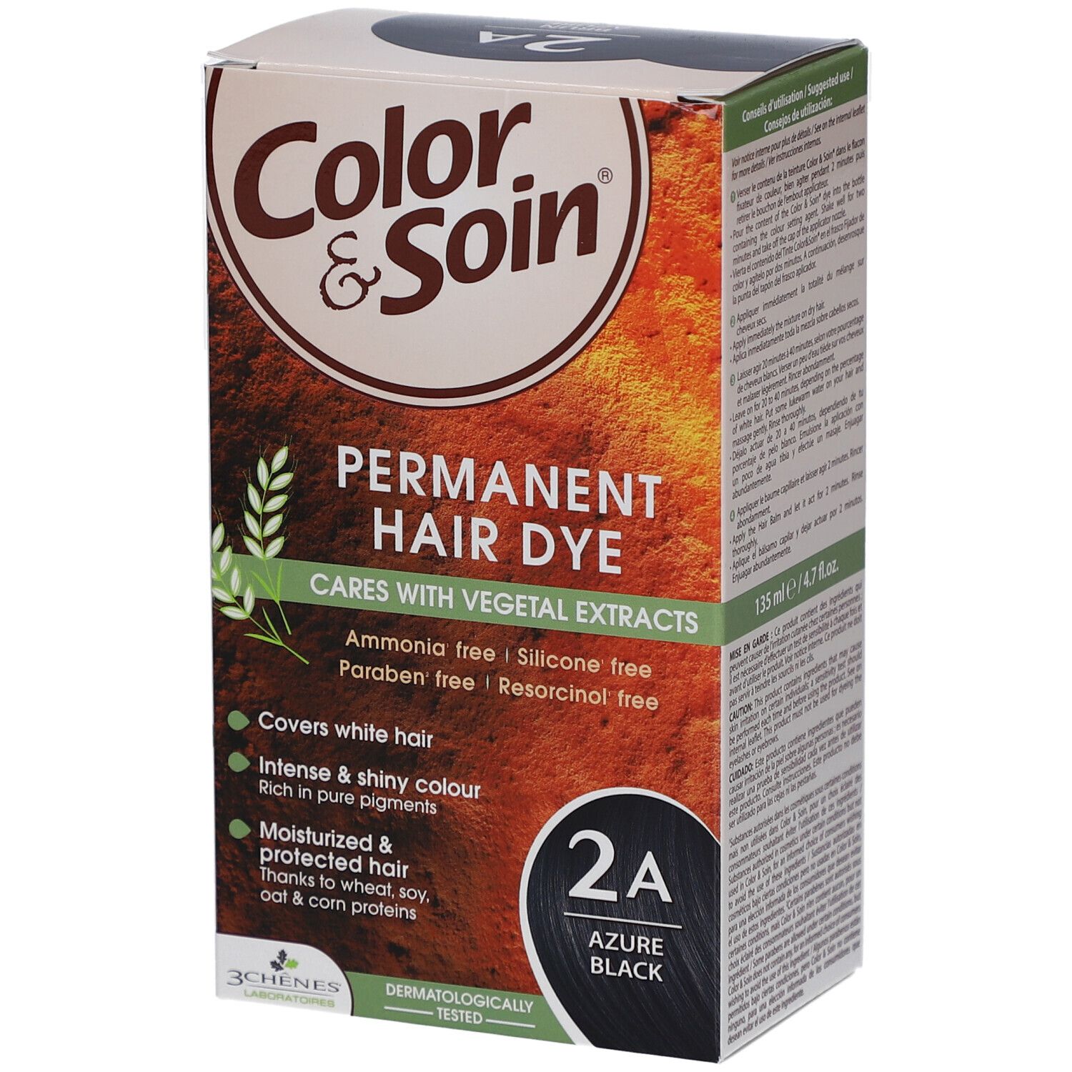 Les 3 Chênes Color & Soin Box. Text: 2A Azure Black. Aufschrift: Color & Soin. Enriched with pure pigments. Dermatologisch getest.