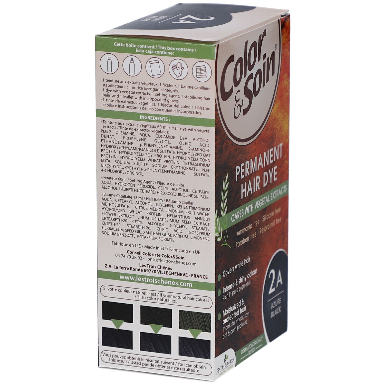 Les 3 Chênes Color & Soin Box. Text: 135 ml / 4.7 fl.oz. Aufschrift: Color & Soin. Enriched with pure pigments. Gebrauchsanweisung.