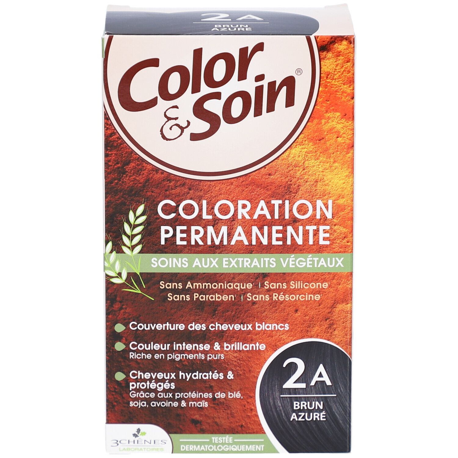 Zwei Flaschen Les 3 Chênes Color & Soin. Eine Flasche mit Applikatorspitze, die andere mit Schraubverschluss. Text: 2A Brun Azure.