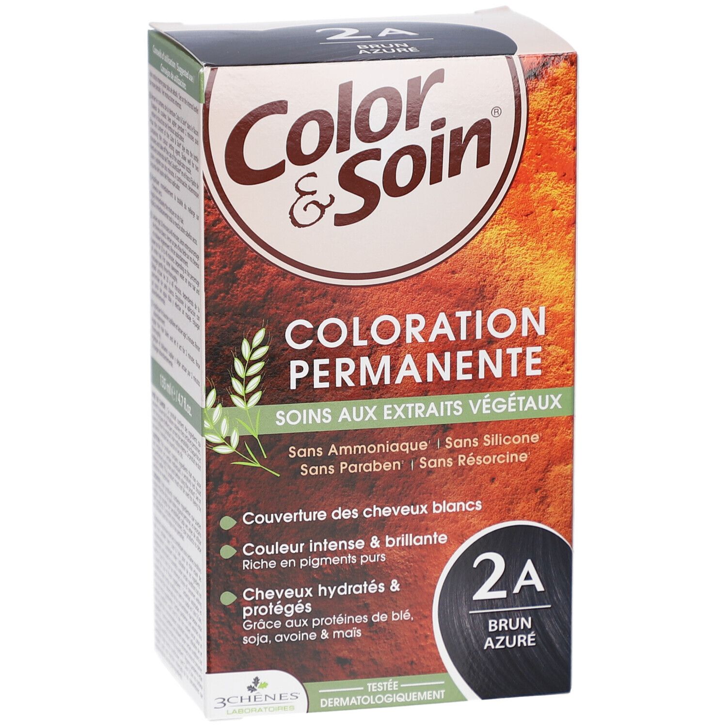 Zwei Flaschen Les 3 Chênes Color & Soin. Eine Flasche mit Applikatorspitze, die andere mit Schraubverschluss. Text: 2A Brun Azure.