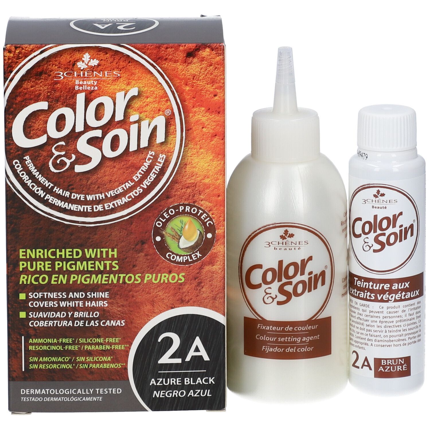 Les 3 Chênes Color & Soin Box mit zwei Flaschen. Text: 2A Azure Black. Aufschrift: Color & Soin. Enriched with pure pigments.
