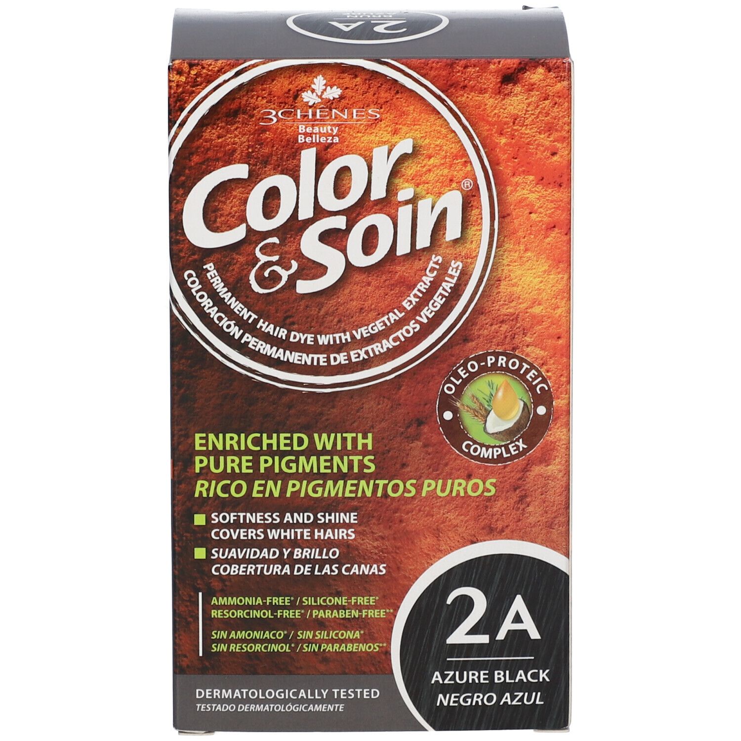Les 3 Chênes Color & Soin Box. Text: 2A Azure Black. Aufschrift: Color & Soin. Enriched with pure pigments. Dermatologisch getest.