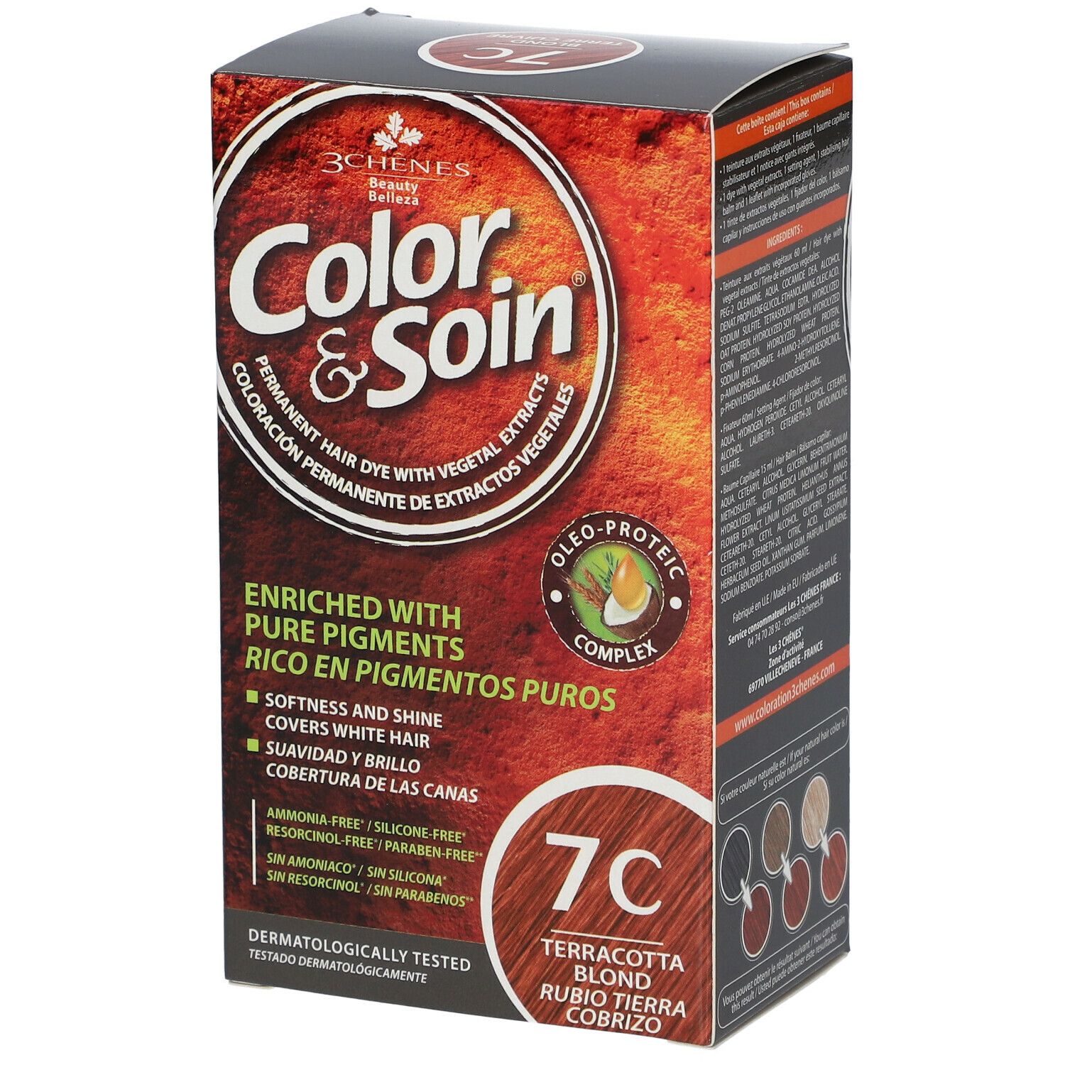 Boîte Les 3 Chênes Color & Soin 7C Terracotta Blond. Inscription 'Color & Soin' et 'Coloration permanente aux extraits végétaux'.