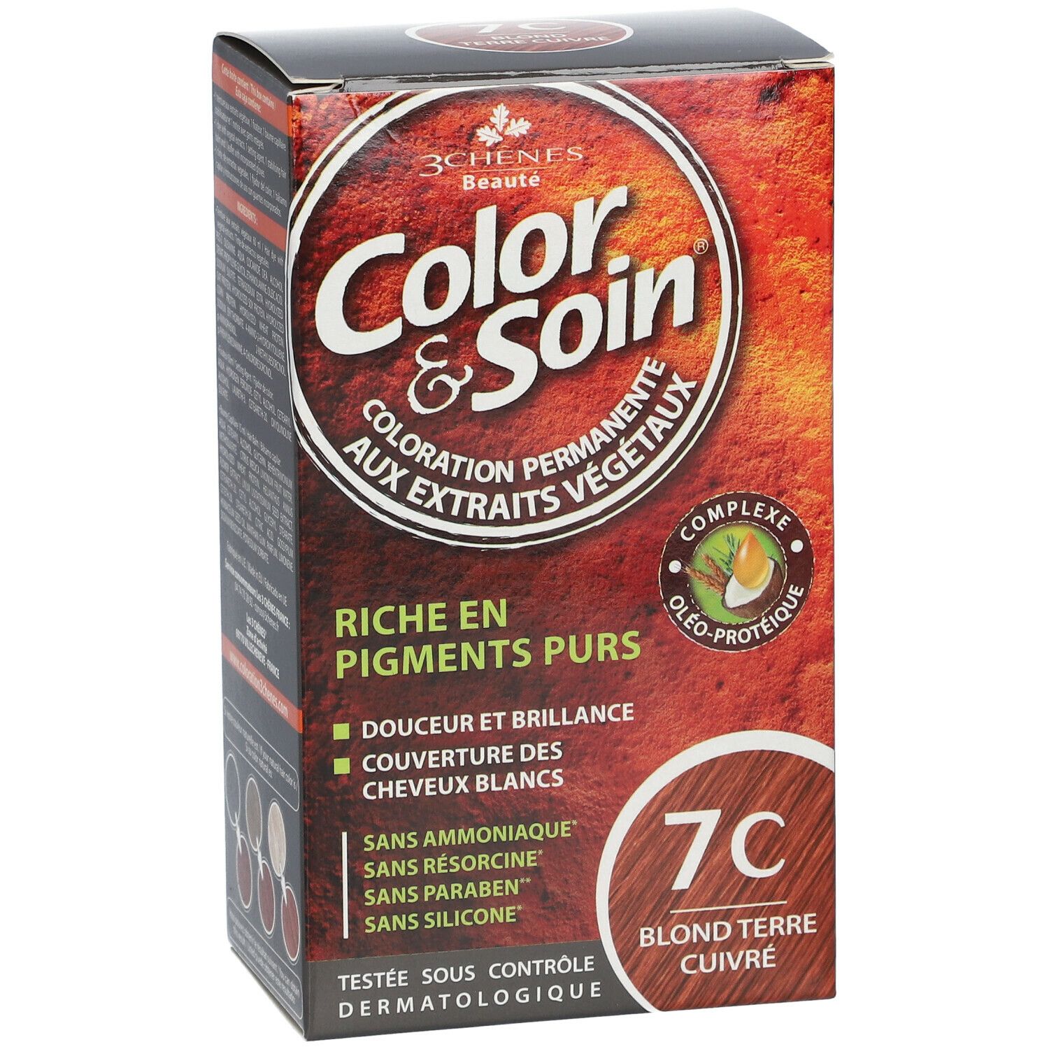 Boîte Les 3 Chênes Color & Soin 7C Blond Terre Cuivré. Inscription 'Color & Soin' et 'Coloration permanente aux extraits végétaux'.