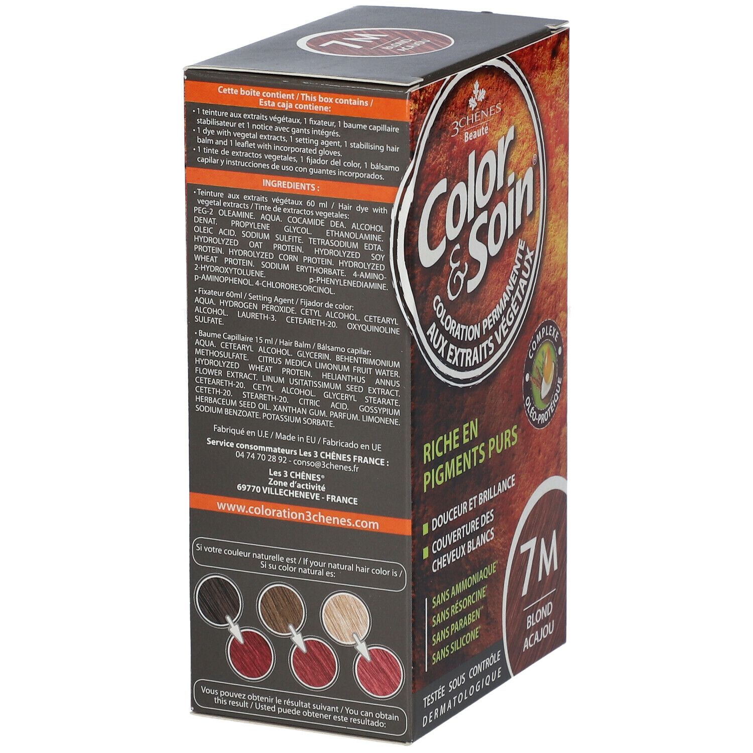 Rückseite der Les 3 Chênes Color & Soin 7M Packung. Enthält Inhaltsstoffe, Gebrauchsanweisung und Farbbeispiele.