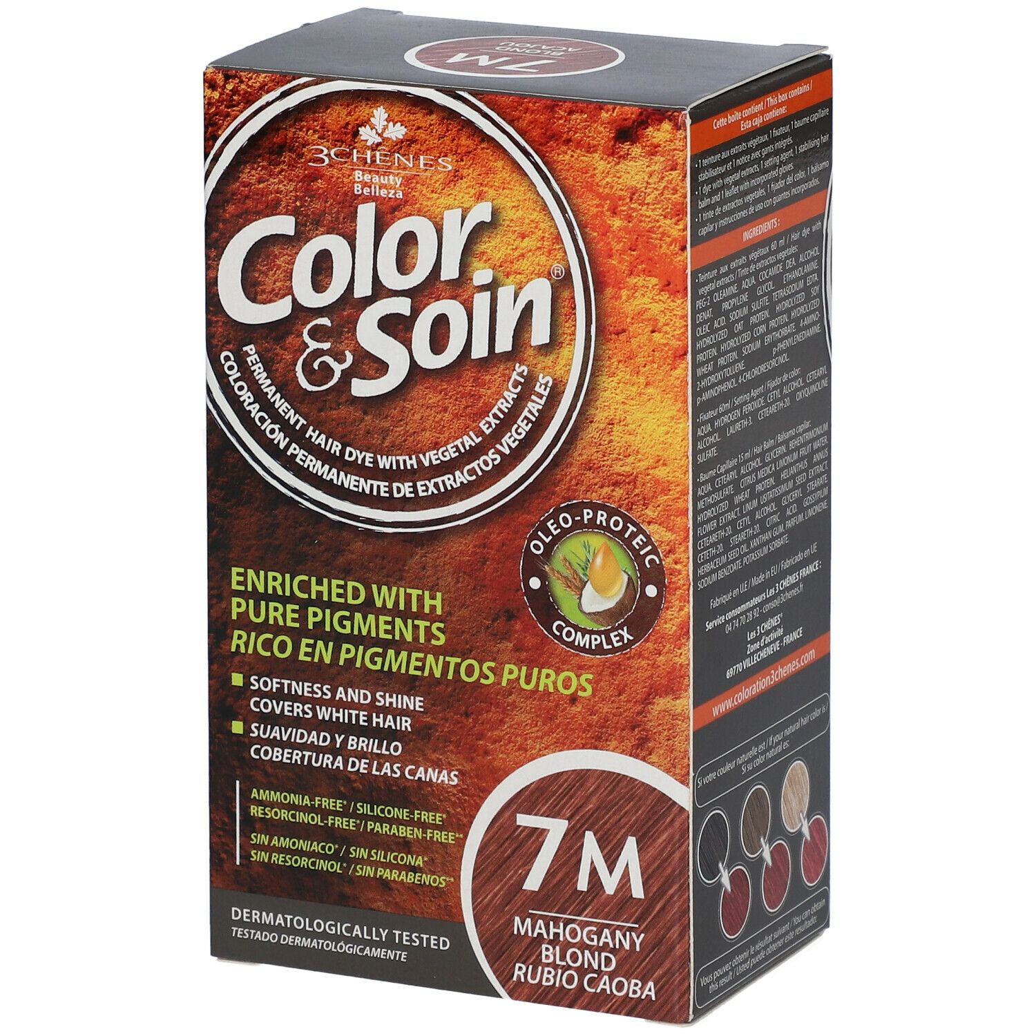 Les 3 Chênes Color & Soin 7M Mahagoni-Blond Packung. Aufschrift: Permanent Haarfarbe mit Pflanzenextrakten, 7M Mahagoni Blond.