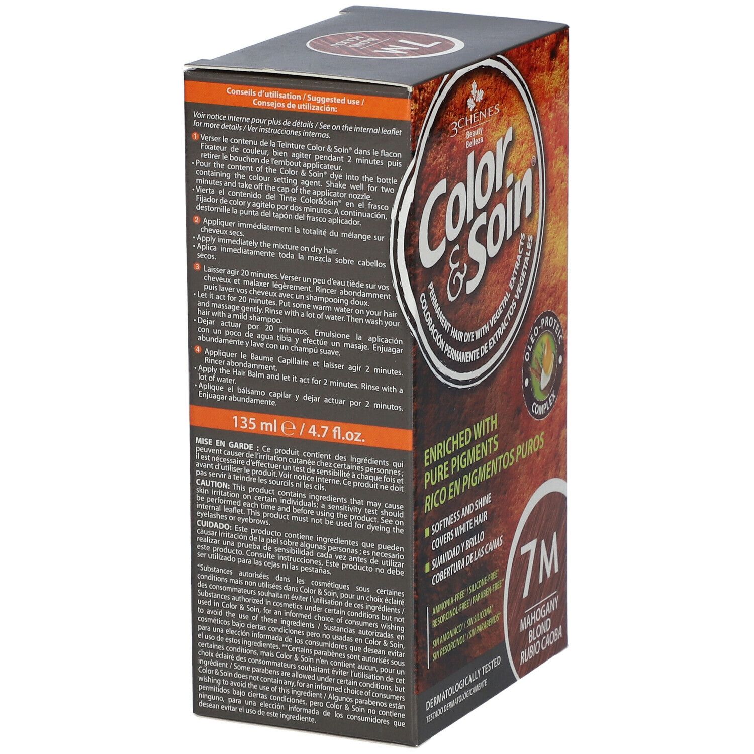 Les 3 Chênes Color & Soin 7M Packung. Enthält Gebrauchsanweisung und Produktinformationen. Aufschrift: 135 ml / 4.7 fl.oz.