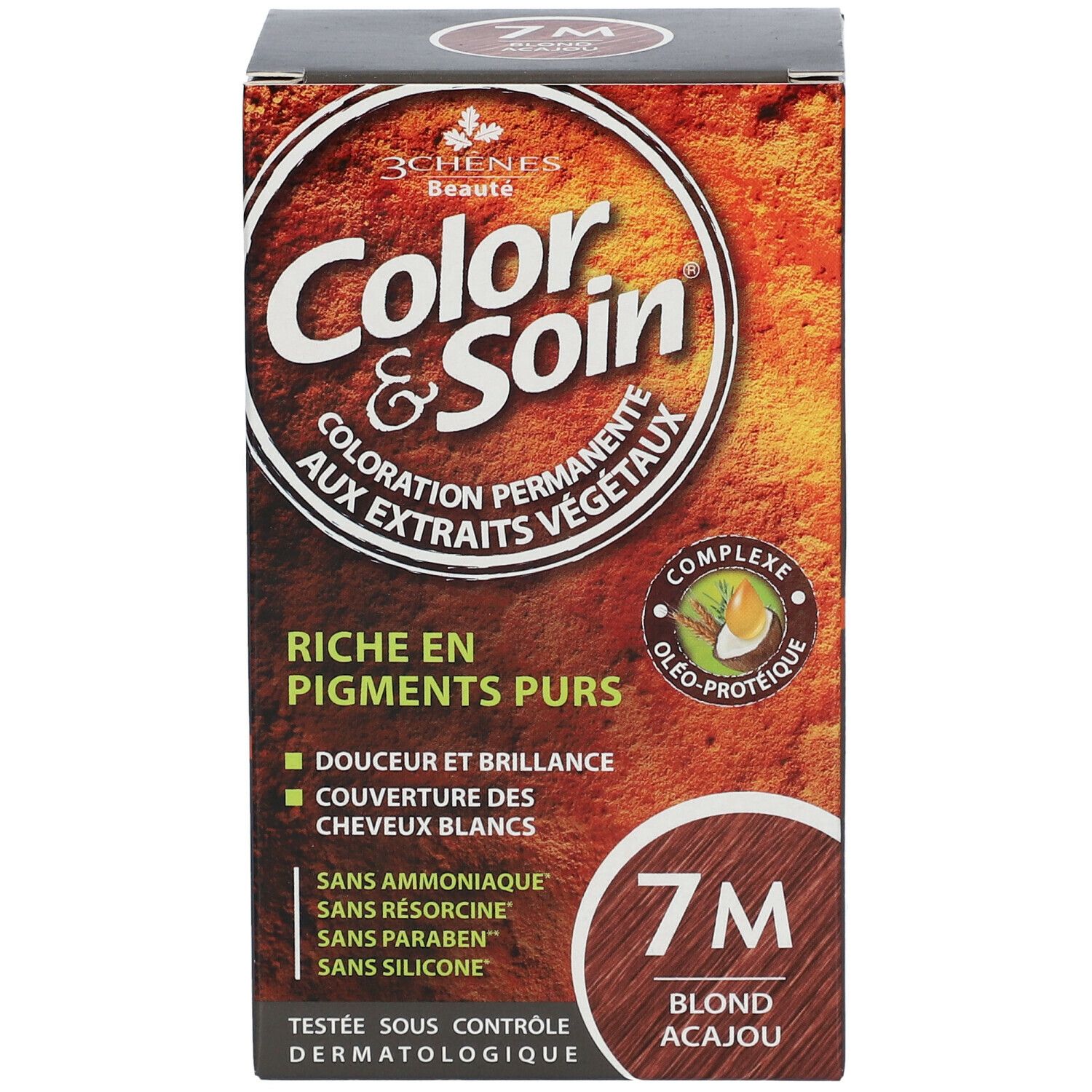 Les 3 Chênes Color & Soin 7M Packung. Aufschrift: Color & Soin, 7M Blond Acajou. Enthält Produktinformationen.