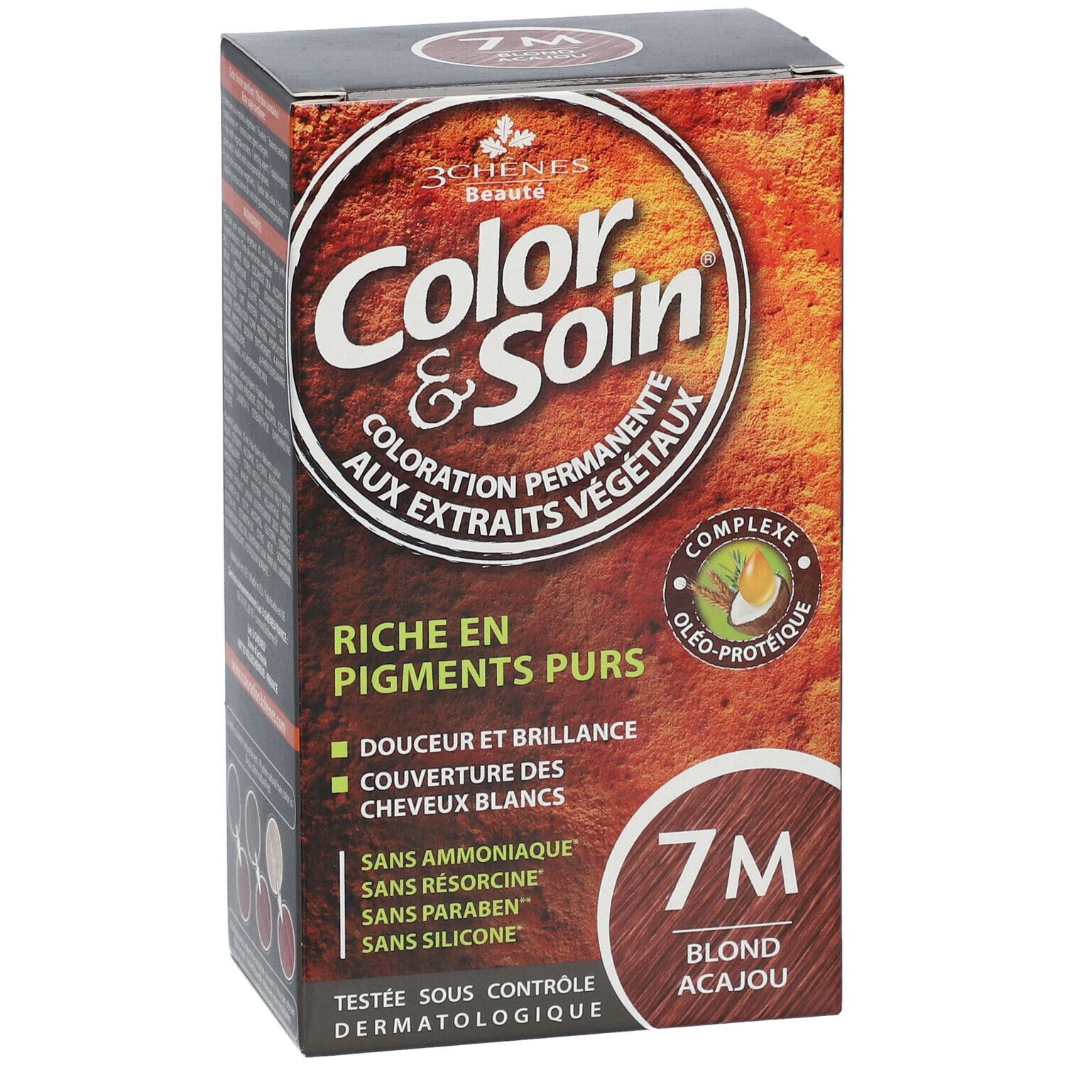 Les 3 Chênes Color & Soin 7M Packung. Aufschrift: Color & Soin, 7M Blond Acajou. Enthält Produktinformationen.