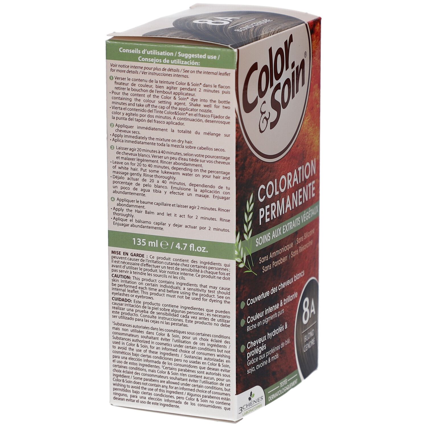 Rückseite der Haarfarben-Schachtel. Enthält Anweisungen und Inhaltsstoffe. Marke: Color & Soin. 135 ml / 4.7 fl.oz.