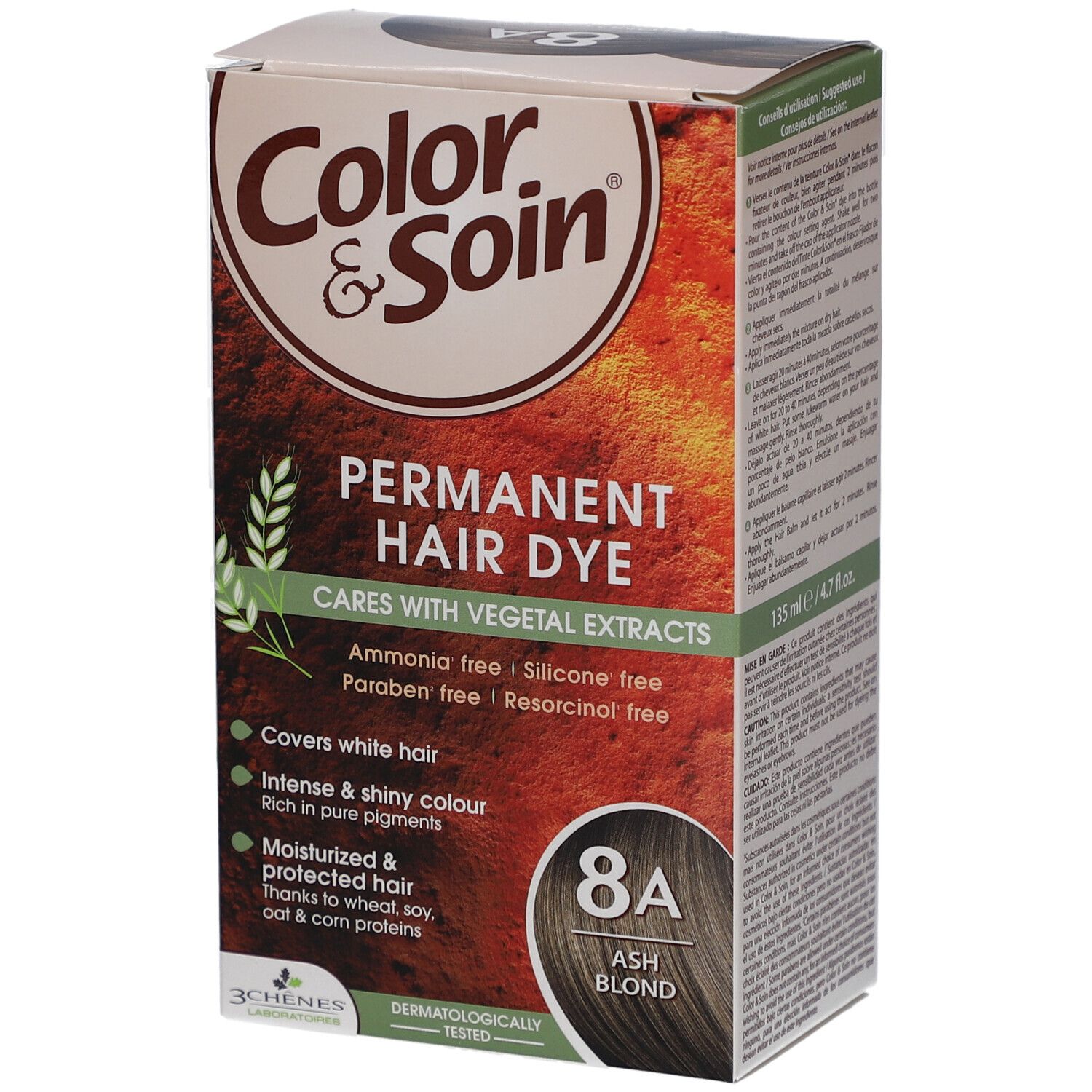 Haarfarben-Schachtel. Aufschrift: Color & Soin, 8A Ash Blond. Permanente Haarfarbe. Mit pflanzlichen Extrakten. Ohne Ammoniak.