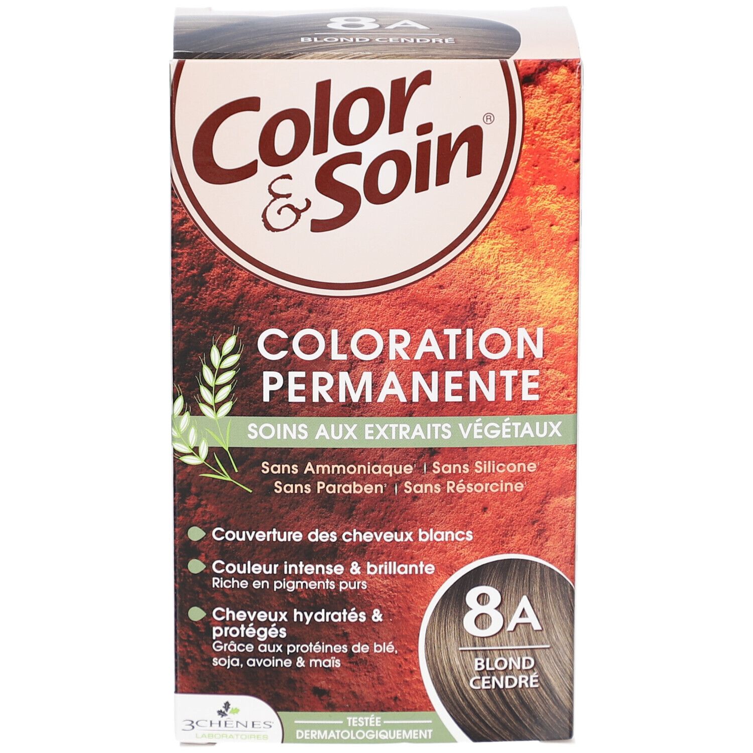 Haarfarben-Schachtel. Aufschrift: Color & Soin, 8A Blond cendré. Permanente Coloration. Mit pflanzlichen Extrakten. Ohne Ammoniak.
