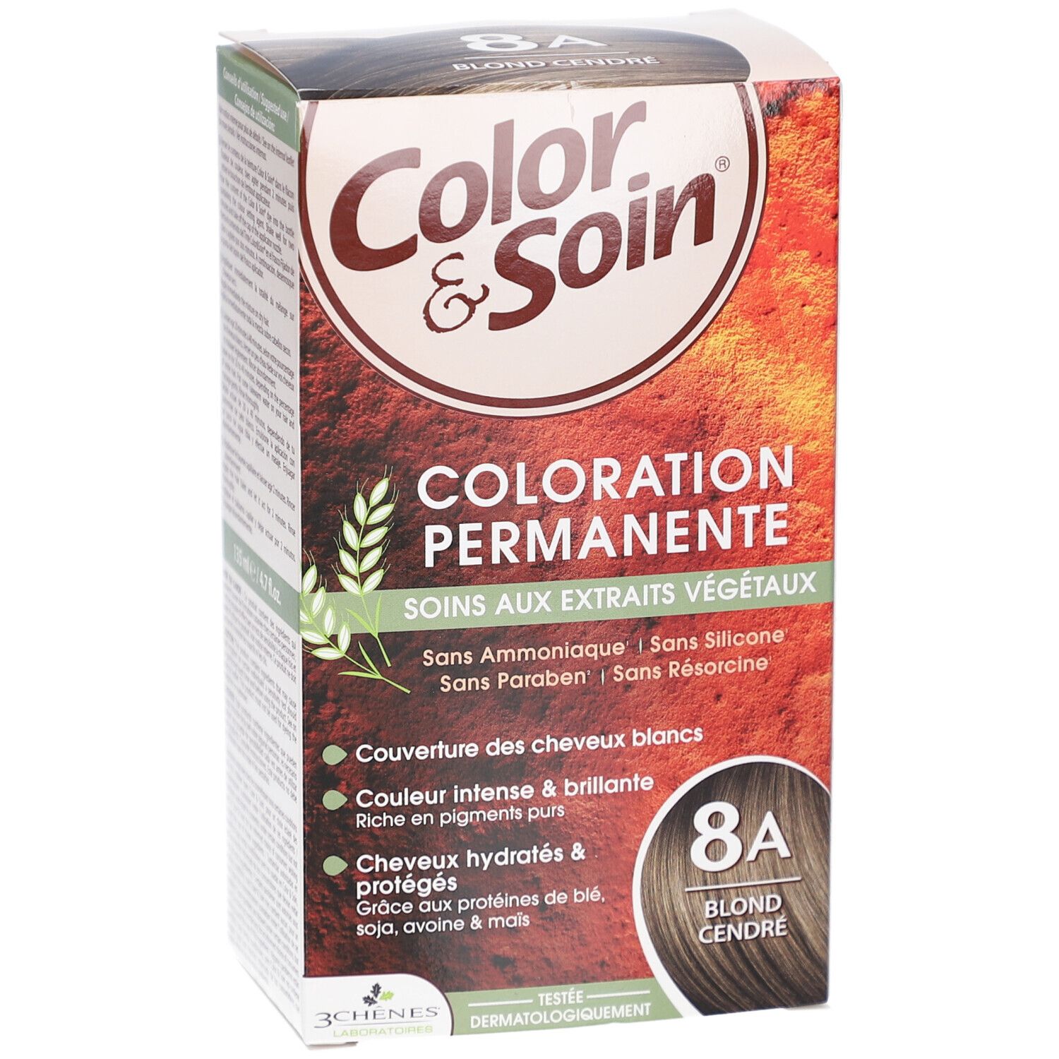 Haarfarben-Schachtel. Aufschrift: Color & Soin, 8A Blond cendré. Permanente Coloration. Mit pflanzlichen Extrakten. Ohne Ammoniak.