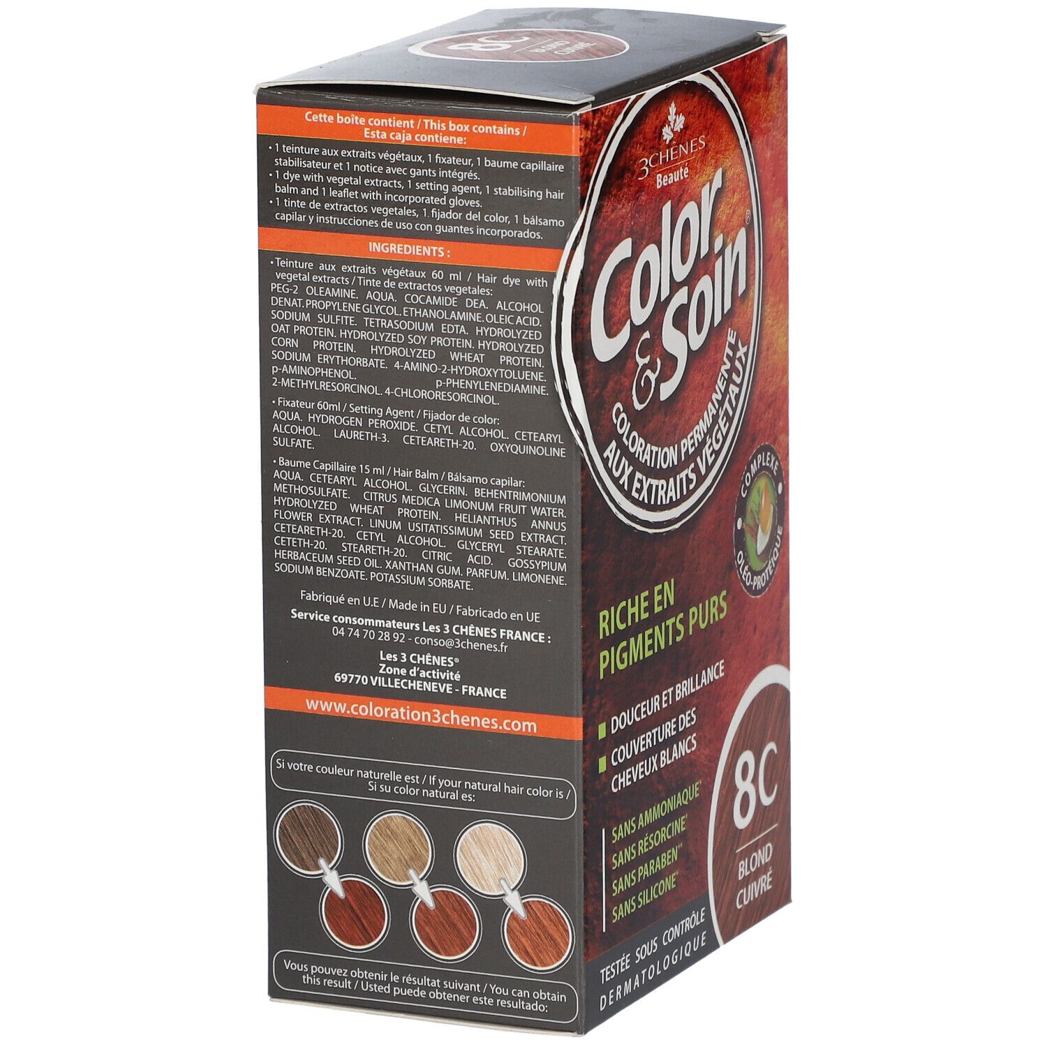 Rückseite der Haarfärbemittel-Verpackung. Inhaltsstoffe, Anwendungshinweise, Farbbeispiele. Marke: Color & Soin. 8C Blond Cuivré. Hergestellt in der EU.