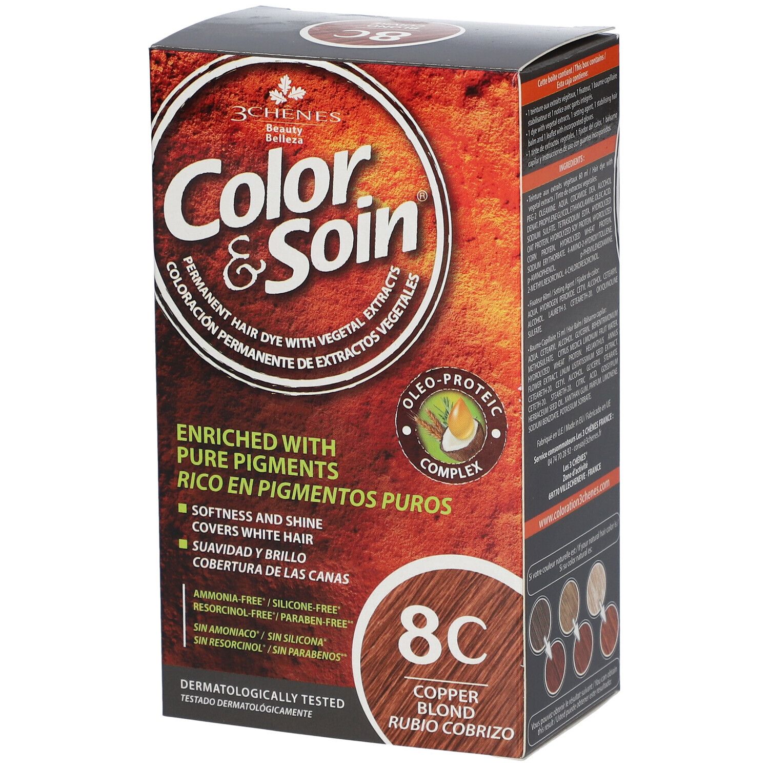 Haarfärbemittel-Verpackung. Aufschrift: Color & Soin, 8C Kupferblond. Mit reinen Pigmenten, ohne Ammoniak, Resorcin, Parabene, Silikon. Dermatologisch getest.